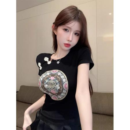 BY14637# 新中式国风盘扣正肩白色短袖t恤女夏修身收腰短款小个子辣妹上衣 服裝批發女裝批發服飾貨源