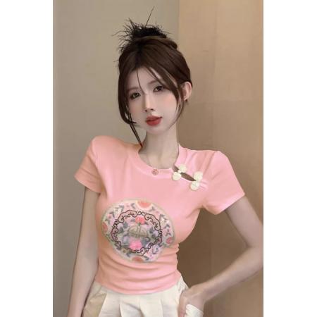 BY14637# 新中式国风盘扣正肩白色短袖t恤女夏修身收腰短款小个子辣妹上衣 服裝批發女裝批發服飾貨源