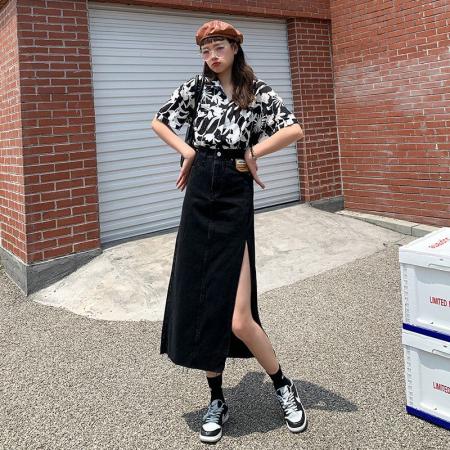 BY14638# 风韩版高腰侧开叉牛仔半身裙女夏季大码胖mm显瘦a字包臀中长裙 服裝批發女裝批發服飾貨源