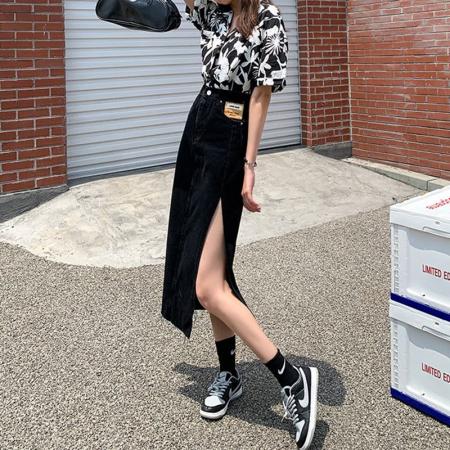 BY14638# 风韩版高腰侧开叉牛仔半身裙女夏季大码胖mm显瘦a字包臀中长裙 服裝批發女裝批發服飾貨源