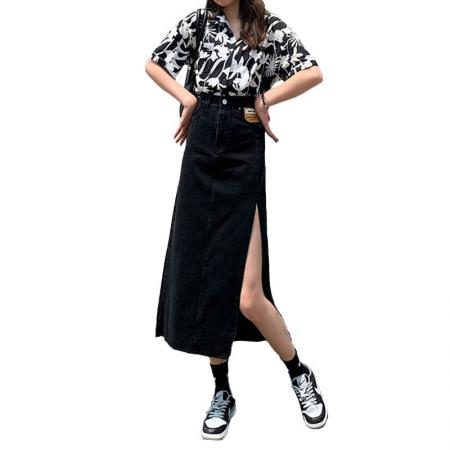 BY14638# 风韩版高腰侧开叉牛仔半身裙女夏季大码胖mm显瘦a字包臀中长裙 服裝批發女裝批發服飾貨源