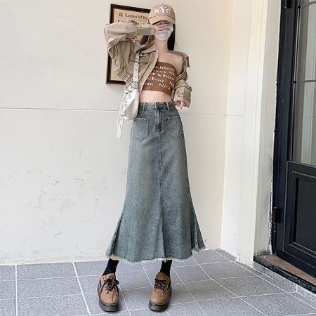 BY14640# 美式复古半身高腰牛仔裙女夏季毛边设计感ins风包臀a字鱼尾中长裙 服裝批發女裝批發服飾貨源