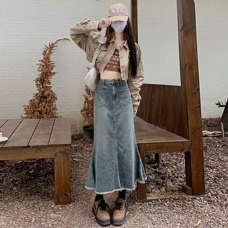 BY14640# 美式复古半身高腰牛仔裙女夏季毛边设计感ins风包臀a字鱼尾中长裙 服裝批發女裝批發服飾貨源