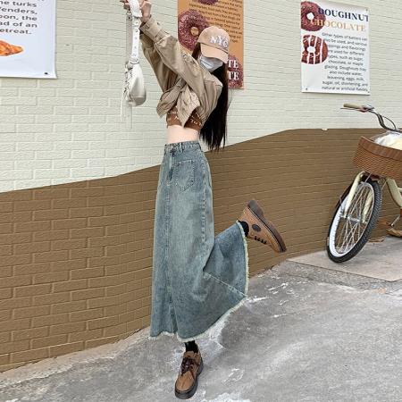 BY14640# 美式复古半身高腰牛仔裙女夏季毛边设计感ins风包臀a字鱼尾中长裙 服裝批發女裝批發服飾貨源