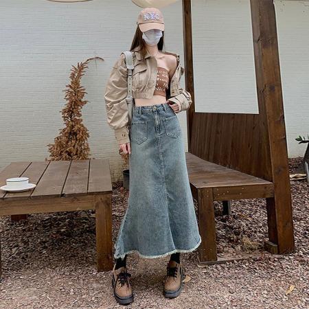 BY14640# 美式复古半身高腰牛仔裙女夏季毛边设计感ins风包臀a字鱼尾中长裙 服裝批發女裝批發服飾貨源