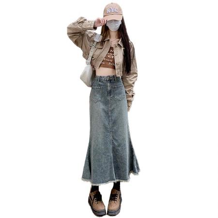 BY14640# 美式复古半身高腰牛仔裙女夏季毛边设计感ins风包臀a字鱼尾中长裙 服裝批發女裝批發服飾貨源