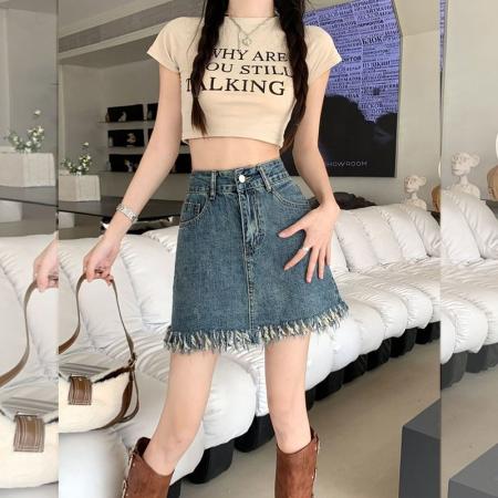 BY14641# 时尚设计感毛边流苏牛仔短裙女夏季新款百搭包臀a字型复古半身裙 服裝批發女裝批發服飾貨源