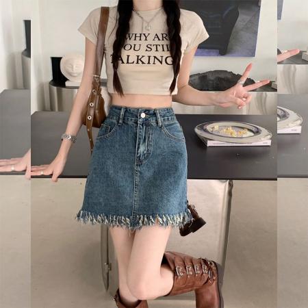 BY14641# 时尚设计感毛边流苏牛仔短裙女夏季新款百搭包臀a字型复古半身裙 服裝批發女裝批發服飾貨源