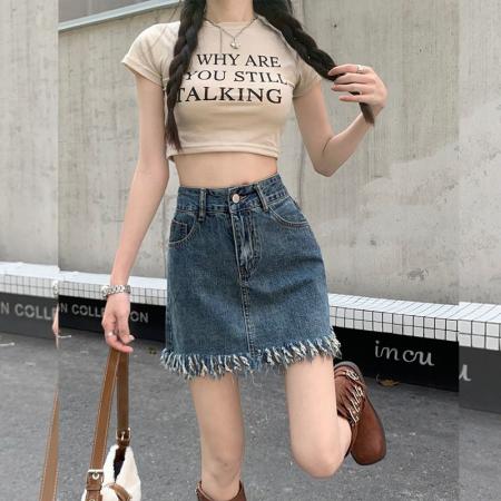 BY14641# 时尚设计感毛边流苏牛仔短裙女夏季新款百搭包臀a字型复古半身裙 服裝批發女裝批發服飾貨源