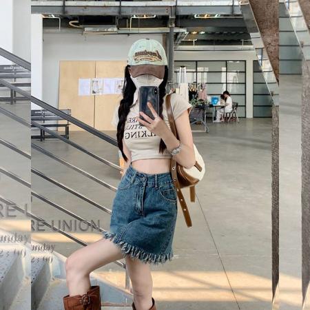 BY14641# 时尚设计感毛边流苏牛仔短裙女夏季新款百搭包臀a字型复古半身裙 服裝批發女裝批發服飾貨源