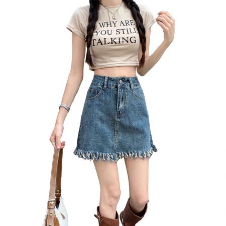 BY14641# 时尚设计感毛边流苏牛仔短裙女夏季新款百搭包臀a字型复古半身裙 服裝批發女裝批發服飾貨源