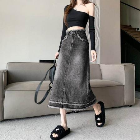BY14642# 毛边设计感ins风a字牛仔裙女夏季新款高腰直筒中长半身包臀裙子 服裝批發女裝批發服飾貨源