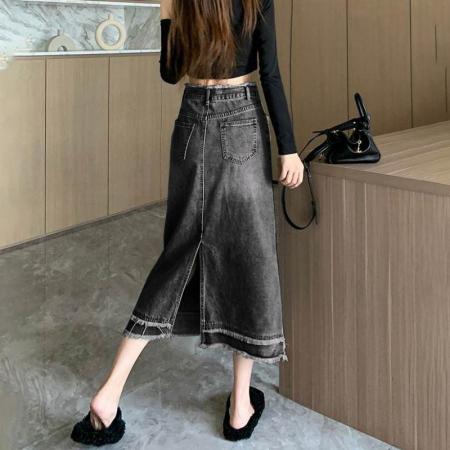 BY14642# 毛边设计感ins风a字牛仔裙女夏季新款高腰直筒中长半身包臀裙子 服裝批發女裝批發服飾貨源