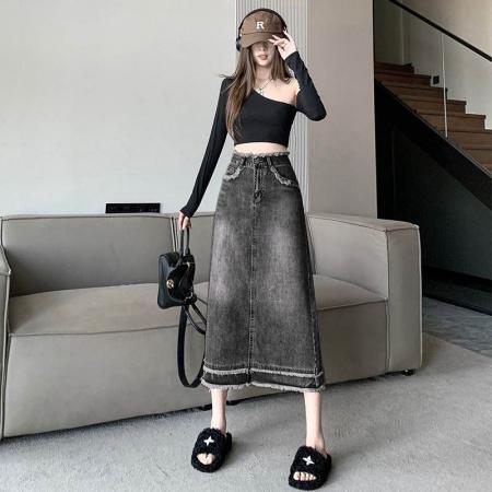 BY14642# 毛边设计感ins风a字牛仔裙女夏季新款高腰直筒中长半身包臀裙子 服裝批發女裝批發服飾貨源
