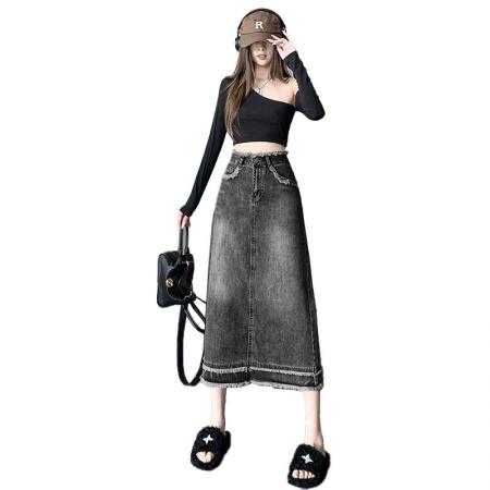 BY14642# 毛边设计感ins风a字牛仔裙女夏季新款高腰直筒中长半身包臀裙子 服裝批發女裝批發服飾貨源
