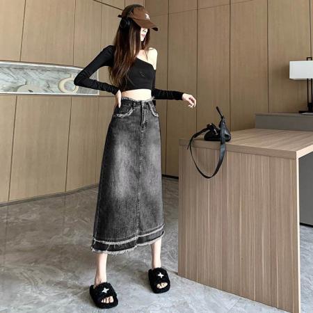 BY14642# 毛边设计感ins风a字牛仔裙女夏季新款高腰直筒中长半身包臀裙子 服裝批發女裝批發服飾貨源