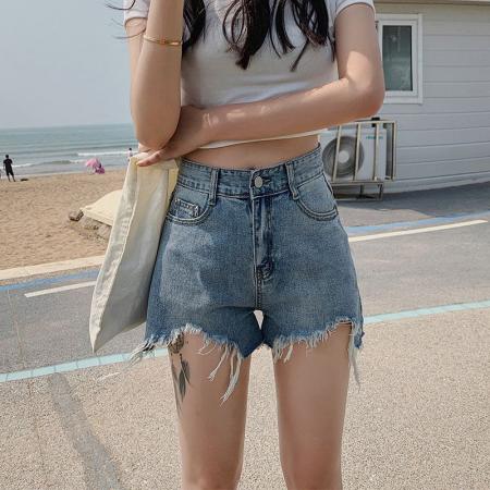 BY14644# 韩版宽松牛仔短裤女夏季不规则毛边设计宽松显瘦外穿阔腿热裤 服裝批發女裝批發服飾貨源