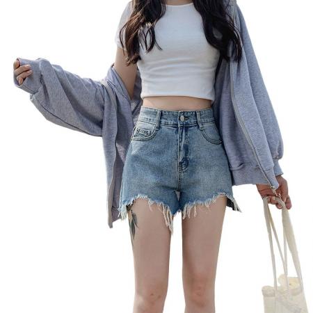 BY14644# 韩版宽松牛仔短裤女夏季不规则毛边设计宽松显瘦外穿阔腿热裤 服裝批發女裝批發服飾貨源