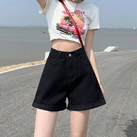 BY14645# 韩版夏季新款卷边牛仔短裤女高腰宽松遮胯显瘦韩版a字阔腿热裤子 服裝批發女裝批發服飾貨源