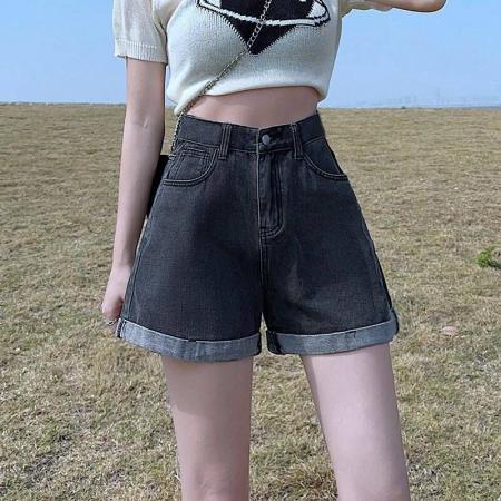 BY14645# 韩版夏季新款卷边牛仔短裤女高腰宽松遮胯显瘦韩版a字阔腿热裤子 服裝批發女裝批發服飾貨源
