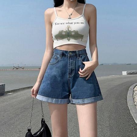 BY14645# 韩版夏季新款卷边牛仔短裤女高腰宽松遮胯显瘦韩版a字阔腿热裤子 服裝批發女裝批發服飾貨源