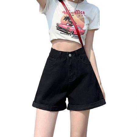 BY14645# 韩版夏季新款卷边牛仔短裤女高腰宽松遮胯显瘦韩版a字阔腿热裤子 服裝批發女裝批發服飾貨源