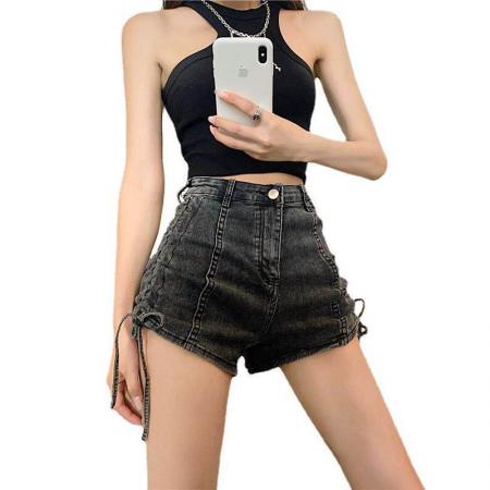 BY14646# 设计感绑带抽绳牛仔短裤女夏季新款款高腰显瘦辣妹弹力百搭热裤 服裝批發女裝批發服飾貨源