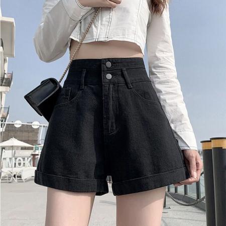 BY14650# 夏季新款ins双扣a字牛仔短裤女设计感宽松直筒显瘦阔腿高腰热裤 服裝批發女裝批發服飾貨源