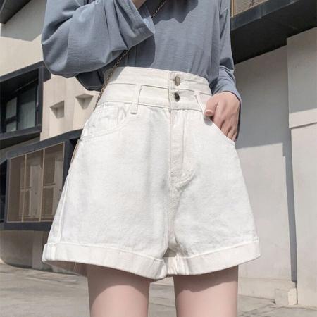 BY14650# 夏季新款ins双扣a字牛仔短裤女设计感宽松直筒显瘦阔腿高腰热裤 服裝批發女裝批發服飾貨源