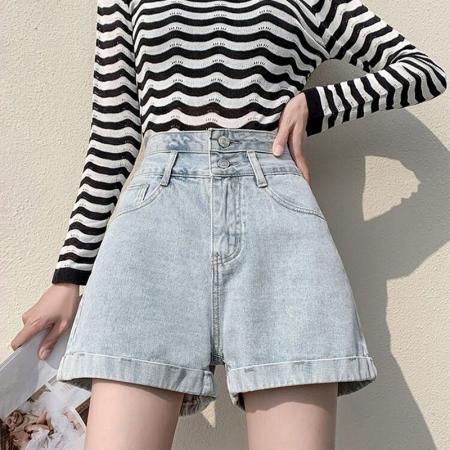 BY14650# 夏季新款ins双扣a字牛仔短裤女设计感宽松直筒显瘦阔腿高腰热裤 服裝批發女裝批發服飾貨源