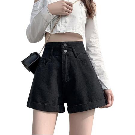 BY14650# 夏季新款ins双扣a字牛仔短裤女设计感宽松直筒显瘦阔腿高腰热裤 服裝批發女裝批發服飾貨源