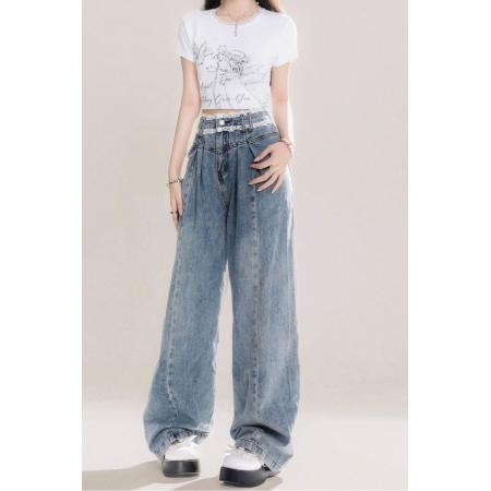 BY14651# 大码女装胖mm宽松复古褶皱蕾丝设计直筒裤高腰显瘦拖地阔腿牛仔裤 服裝批發女裝批發服飾貨源