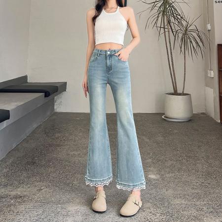 BY14652# 春季新款小个子微喇牛仔裤女大码高腰修身显瘦九分喇叭裤子 服裝批發女裝批發服飾貨源