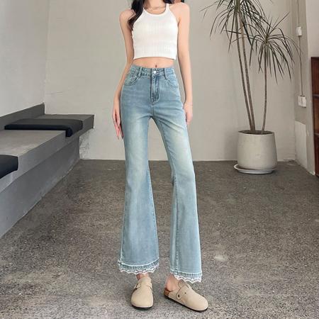 BY14652# 春季新款小个子微喇牛仔裤女大码高腰修身显瘦九分喇叭裤子 服裝批發女裝批發服飾貨源