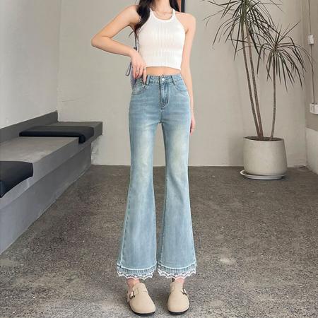 BY14652# 春季新款小个子微喇牛仔裤女大码高腰修身显瘦九分喇叭裤子 服裝批發女裝批發服飾貨源