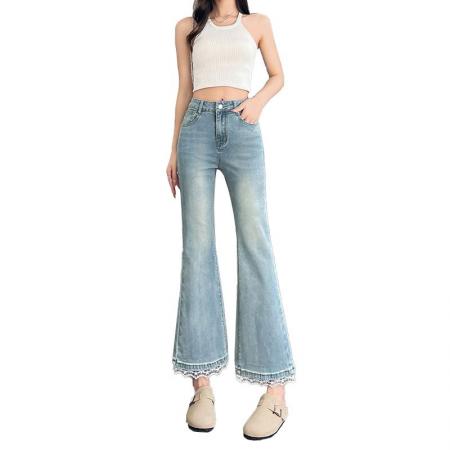 BY14652# 春季新款小个子微喇牛仔裤女大码高腰修身显瘦九分喇叭裤子 服裝批發女裝批發服飾貨源