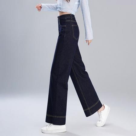 BY14653# 大码胖mm深蓝色九分牛仔裤女春夏季时韩版尚高腰宽松直筒阔腿裤 服裝批發女裝批發服飾貨源