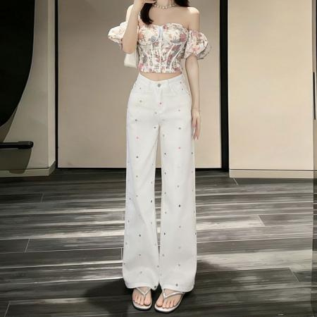 BY14654# 大码高腰阔腿牛仔裤女春夏新款显瘦设计感小花刺绣拖地直筒裤 服裝批發女裝批發服飾貨源