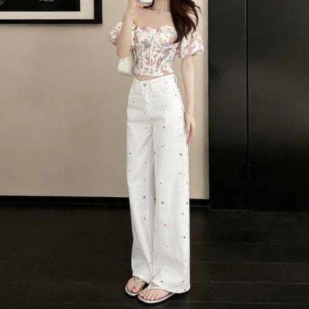 BY14654# 大码高腰阔腿牛仔裤女春夏新款显瘦设计感小花刺绣拖地直筒裤 服裝批發女裝批發服飾貨源
