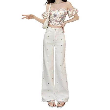 BY14654# 大码高腰阔腿牛仔裤女春夏新款显瘦设计感小花刺绣拖地直筒裤 服裝批發女裝批發服飾貨源