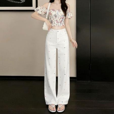 BY14654# 大码高腰阔腿牛仔裤女春夏新款显瘦设计感小花刺绣拖地直筒裤 服裝批發女裝批發服飾貨源