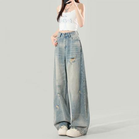 BY14655# 大码女装夏季美式破洞阔腿牛仔裤女宽松显瘦高腰直筒百搭拖地裤 服裝批發女裝批發服飾貨源