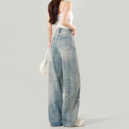 BY14655# 大码女装夏季美式破洞阔腿牛仔裤女宽松显瘦高腰直筒百搭拖地裤 服裝批發女裝批發服飾貨源