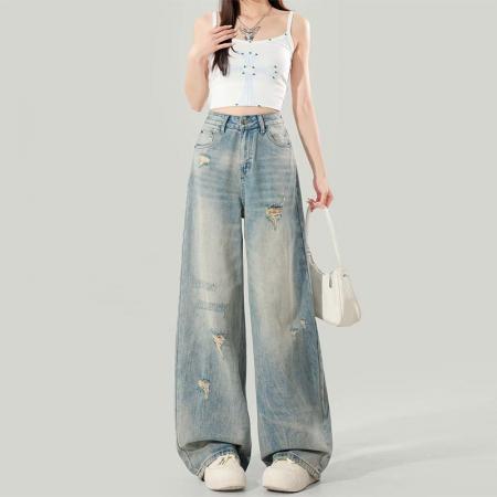 BY14655# 大码女装夏季美式破洞阔腿牛仔裤女宽松显瘦高腰直筒百搭拖地裤 服裝批發女裝批發服飾貨源