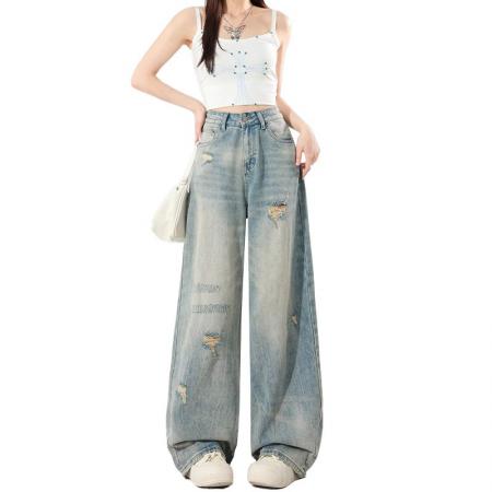 BY14655# 大码女装夏季美式破洞阔腿牛仔裤女宽松显瘦高腰直筒百搭拖地裤 服裝批發女裝批發服飾貨源