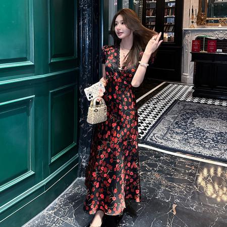 BY14658# 法式设计感茶歇碎花连衣裙女夏季新款轻熟风显瘦蕾丝拼接长裙 服裝批發女裝批發服飾貨源