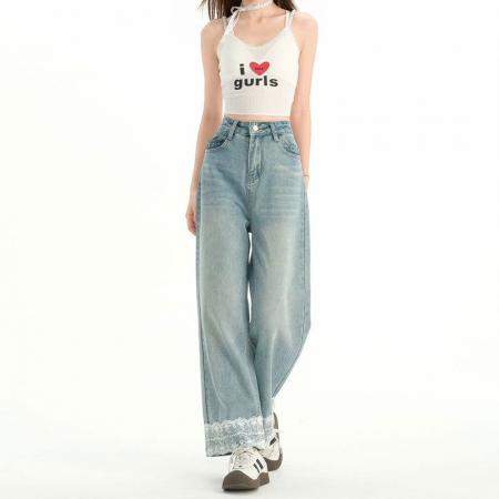 BY14659# 胖mm大码春夏新款九分蕾丝拼接牛仔裤女高腰宽松显瘦直筒阔腿裤 服裝批發女裝批發服飾貨源