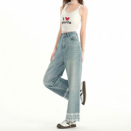 BY14659# 胖mm大码春夏新款九分蕾丝拼接牛仔裤女高腰宽松显瘦直筒阔腿裤 服裝批發女裝批發服飾貨源