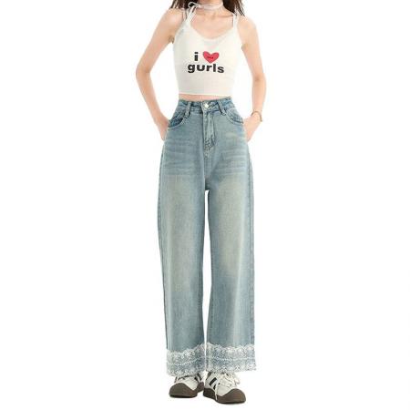 BY14659# 胖mm大码春夏新款九分蕾丝拼接牛仔裤女高腰宽松显瘦直筒阔腿裤 服裝批發女裝批發服飾貨源