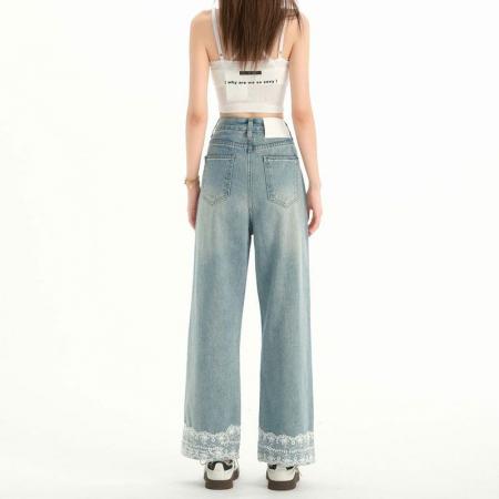 BY14659# 胖mm大码春夏新款九分蕾丝拼接牛仔裤女高腰宽松显瘦直筒阔腿裤 服裝批發女裝批發服飾貨源